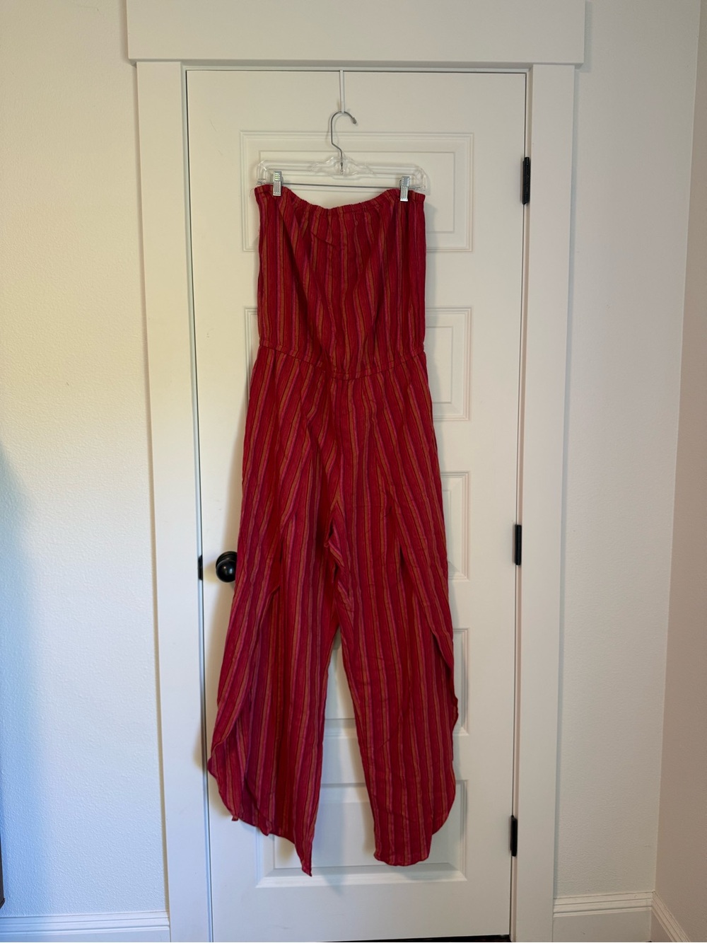 DREW Emerson Strapless Red Striped Wide-Leg Jumpsuit